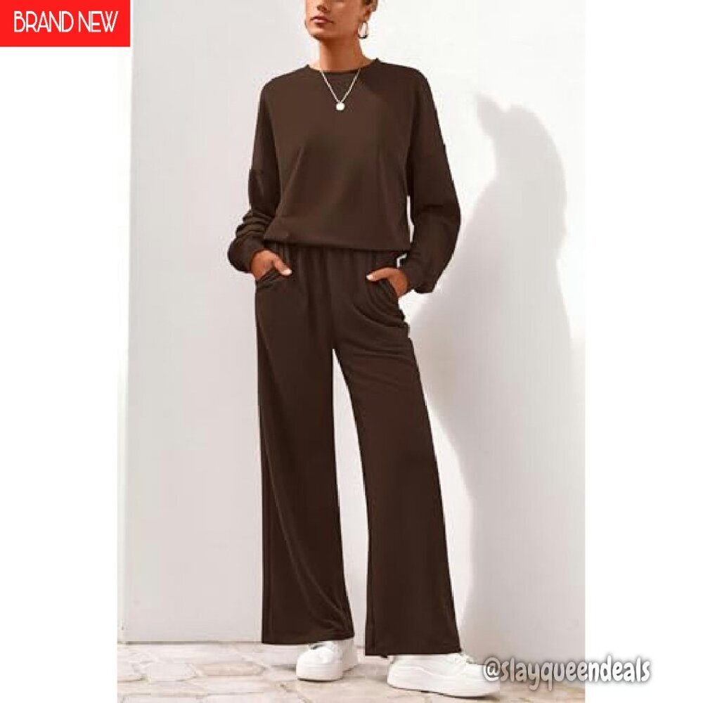 Cozy 2-Piece Sweatsuit Set, Crewneck Sweatshirt & Wide Leg Sweatpants - Picture 3 of 8